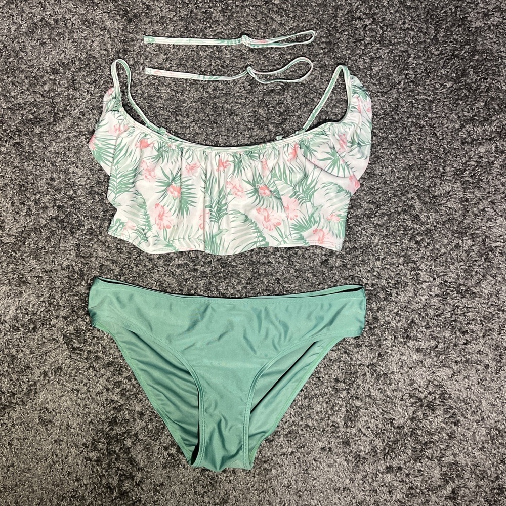 Bobbie Brooks Two-Piece Ruffle Bikini With Removable Straps Green Hibiscus.